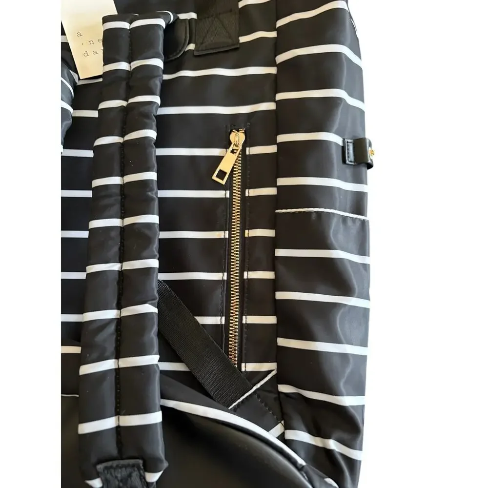 A New Day Black White Stripe Backpack Tote Laptop Bag Travel NWT Gold Zipper